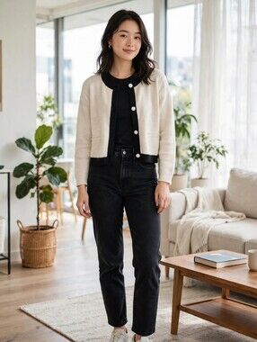 Cream Cropped Cardigan with Black Trim & White Buttons